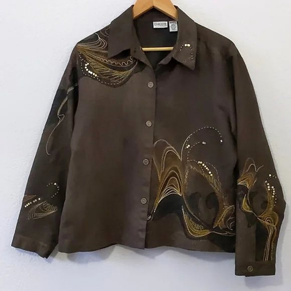 Chico's Sequin & Embroidered Microsuede Blazer / Jacket, Brown / Gold, Large